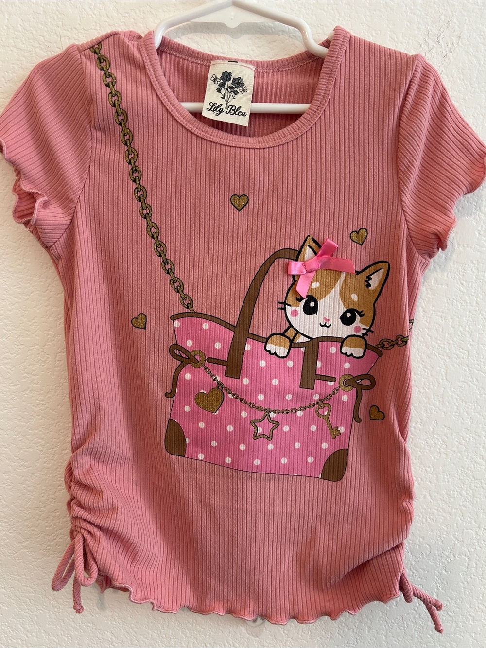 Lily Bleu Pink Ribbed Tee with Kitty in Purse Graphic